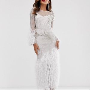 White Embellished Midi Dress with Faux Fur